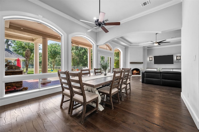 dining area with ceiling fan, dark hardwood / wood-style floors, and a wealth of natural light