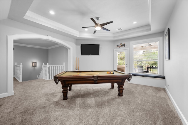 playroom featuring pool table, carpet flooring, and ceiling fan