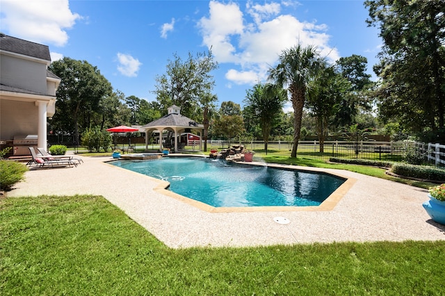 view of swimming pool featuring a gazebo, a yard, and a patio area