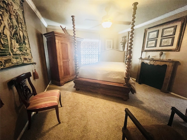 bedroom with crown molding, ceiling fan, and light colored carpet