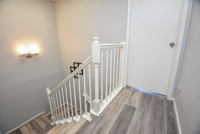 stairway with hardwood / wood-style flooring