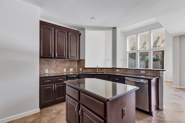 kitchen with stainless steel dishwasher, a kitchen island, dark brown cabinets, and sink