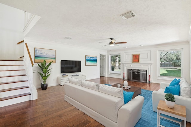 living room with hardwood / wood-style floors, a textured ceiling, ceiling fan, and a healthy amount of sunlight