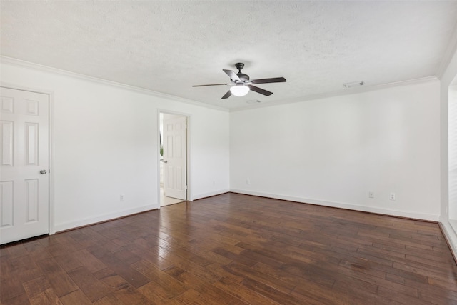 empty room with a textured ceiling, dark hardwood / wood-style floors, ceiling fan, and crown molding