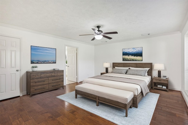 bedroom featuring a textured ceiling, ceiling fan, crown molding, and dark wood-type flooring