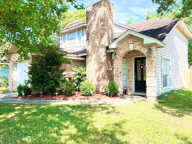 view of front of home with a garage and a front lawn