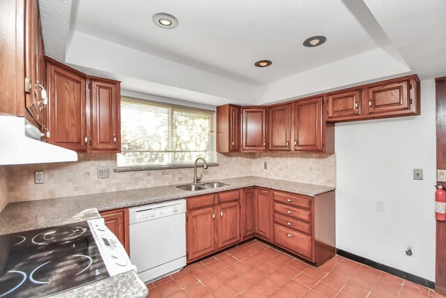 kitchen featuring white appliances, ventilation hood, sink, and tasteful backsplash