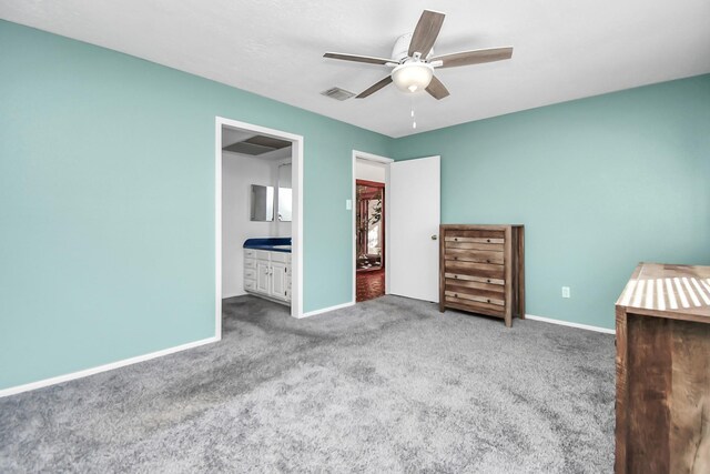 unfurnished bedroom with connected bathroom, ceiling fan, and carpet floors