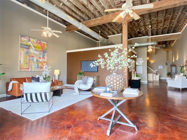 dining space with high vaulted ceiling, ceiling fan, and beamed ceiling