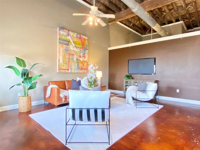 dining space with high vaulted ceiling, beam ceiling, and ceiling fan