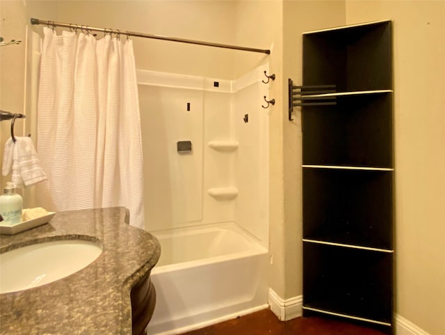 bathroom with vanity and shower / bath combination with curtain