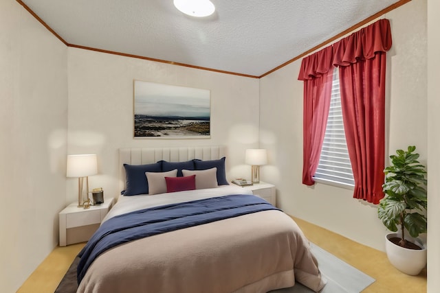 bedroom with light colored carpet, a textured ceiling, and crown molding