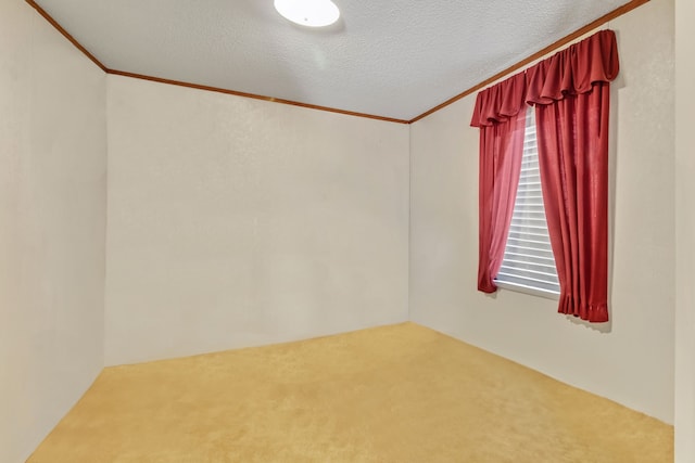 unfurnished room featuring carpet, a textured ceiling, and crown molding