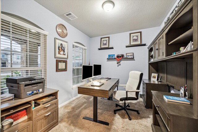 home office featuring light colored carpet and a textured ceiling