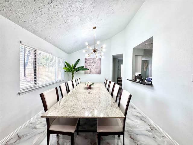 dining area with marble finish floor, baseboards, a chandelier, and vaulted ceiling