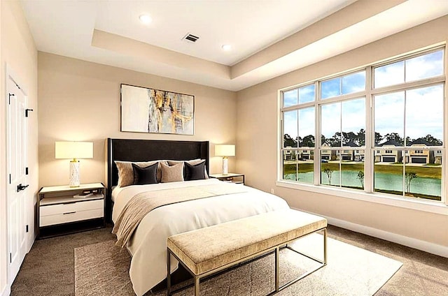 bedroom with a water view, a tray ceiling, and carpet floors