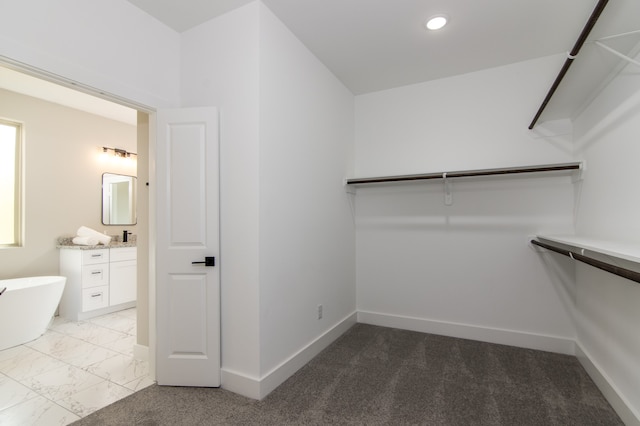 walk in closet featuring light colored carpet