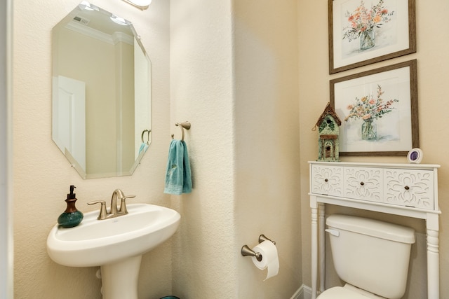 bathroom featuring sink, crown molding, and toilet