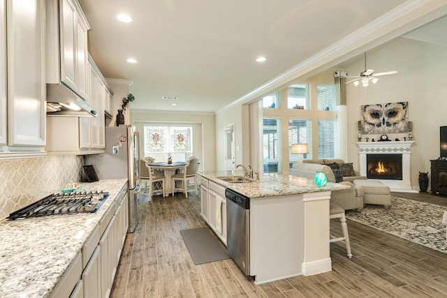 kitchen with a kitchen island with sink, stainless steel appliances, tasteful backsplash, light hardwood / wood-style floors, and white cabinetry