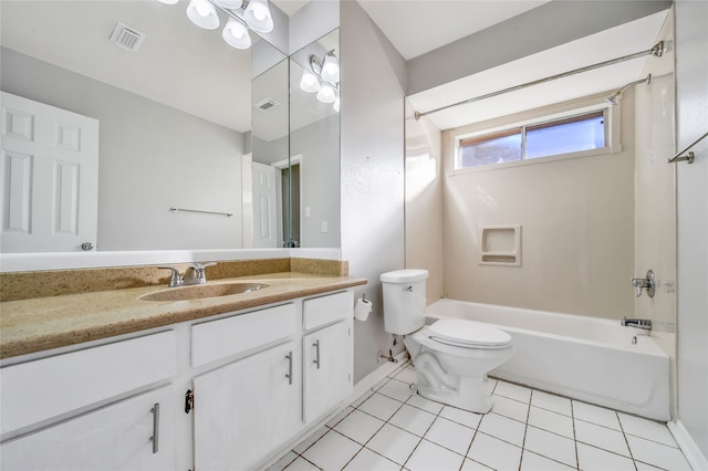 full bathroom with tub / shower combination, tile patterned flooring, vanity, and toilet