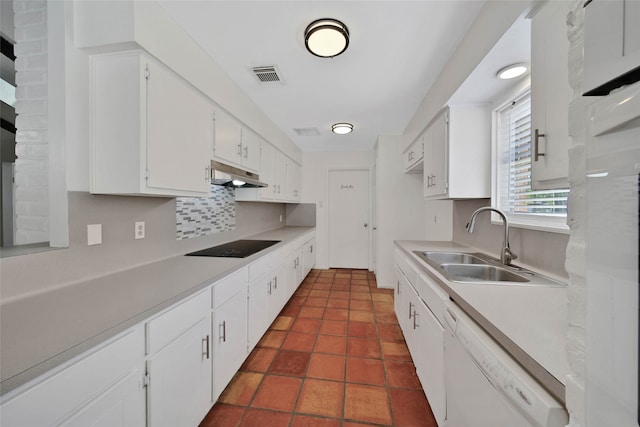 kitchen with sink, tasteful backsplash, white cabinetry, black electric cooktop, and dishwasher