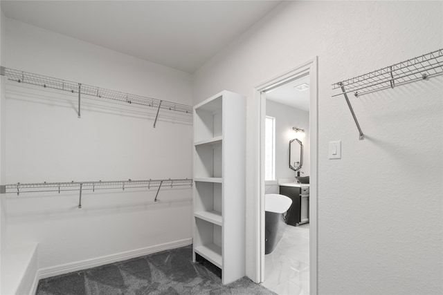 spacious closet featuring dark colored carpet