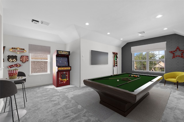 recreation room featuring lofted ceiling, light colored carpet, and billiards