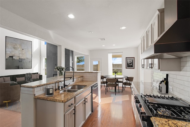 kitchen featuring light hardwood / wood-style floors, tasteful backsplash, sink, custom range hood, and appliances with stainless steel finishes