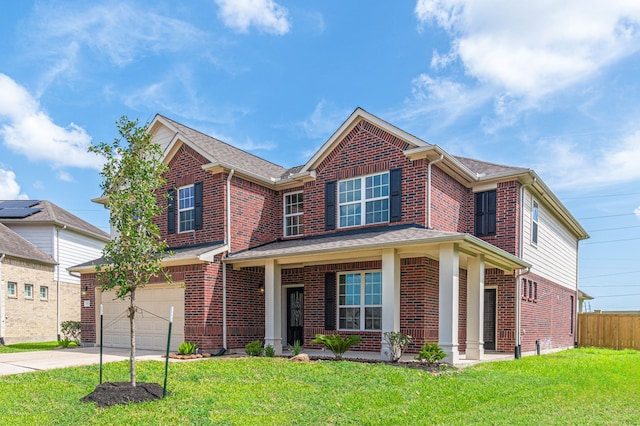 view of front of home featuring a garage, covered porch, and a front yard