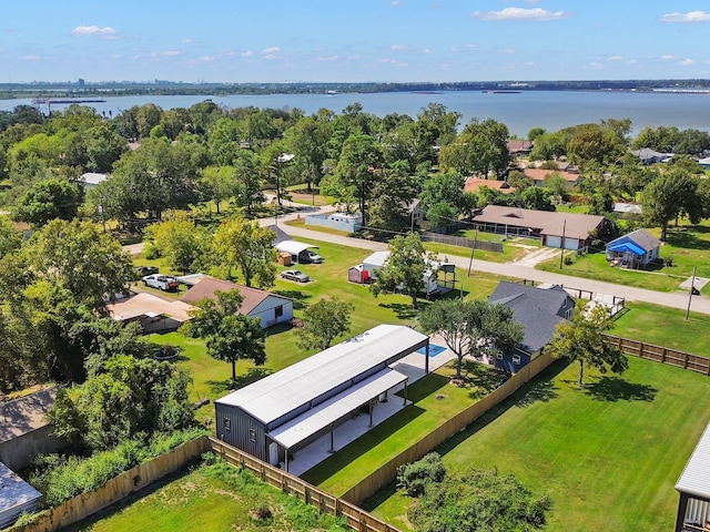 drone / aerial view with a water view