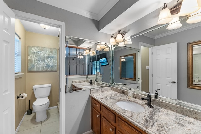 bathroom featuring tile patterned flooring, a notable chandelier, toilet, vanity, and ornamental molding