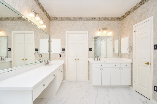 bathroom with vanity and walk in shower