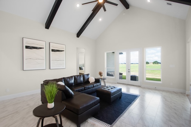 living room with beam ceiling, french doors, high vaulted ceiling, and ceiling fan