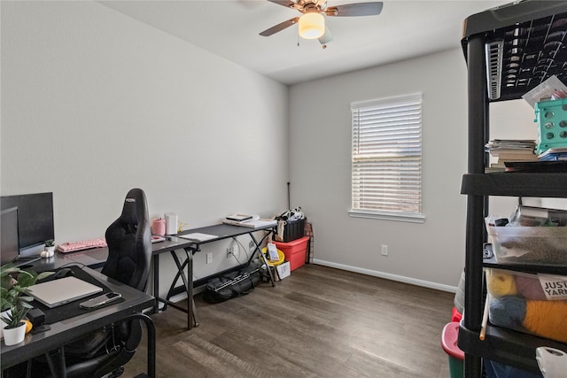 home office featuring ceiling fan and dark hardwood / wood-style floors