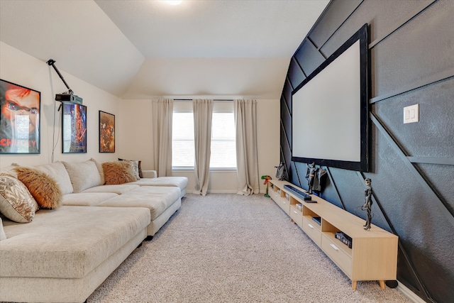 living room with lofted ceiling and light carpet