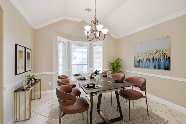 dining space featuring crown molding, lofted ceiling, light tile patterned floors, and a notable chandelier