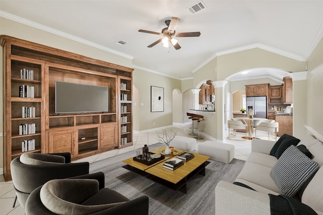 tiled living room with lofted ceiling, ornamental molding, and ceiling fan