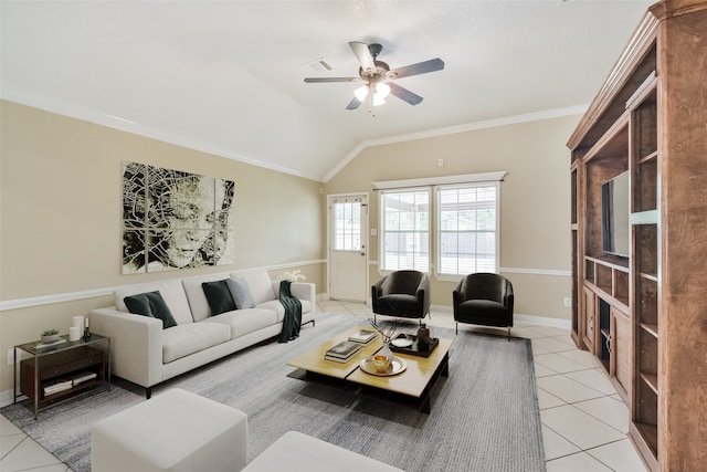 living room featuring light tile patterned floors, lofted ceiling, ornamental molding, and ceiling fan