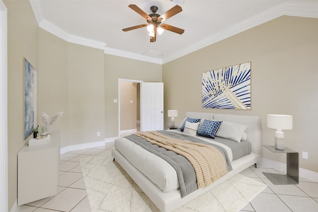 bedroom featuring ceiling fan, light tile patterned flooring, and ornamental molding