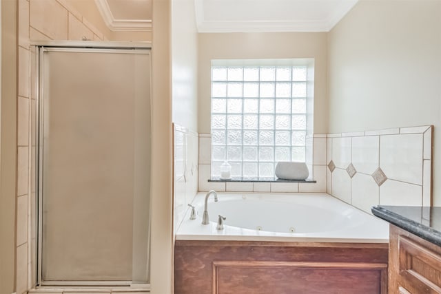 bathroom with shower with separate bathtub and crown molding