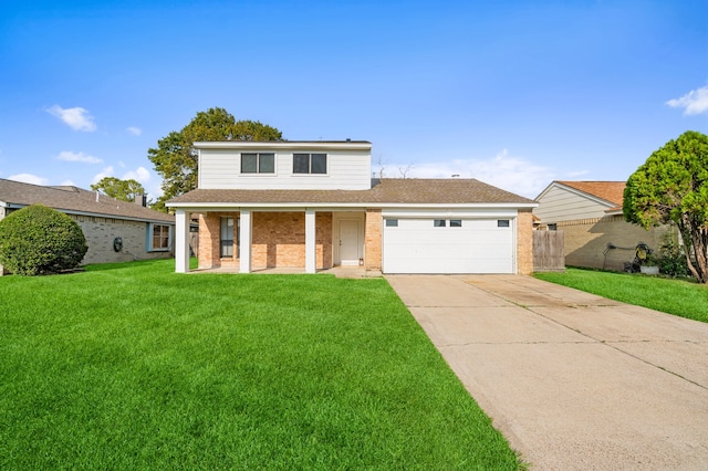 front facade featuring a front yard and a garage