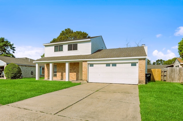 view of property featuring a garage and a front lawn