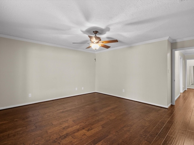 unfurnished room with ceiling fan, dark hardwood / wood-style flooring, ornamental molding, and a textured ceiling