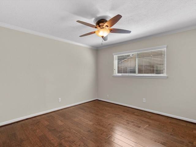 spare room with crown molding, ceiling fan, a textured ceiling, and hardwood / wood-style flooring