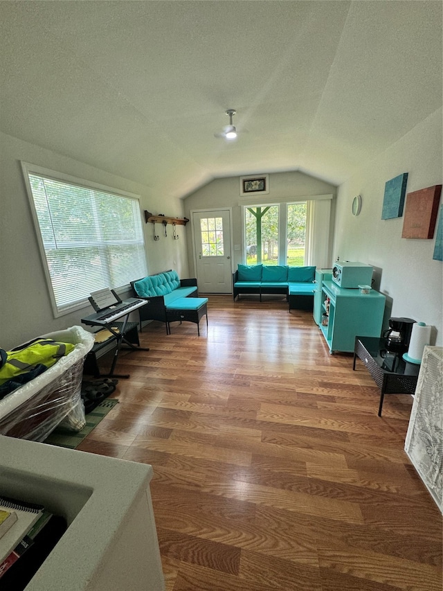 interior space featuring hardwood / wood-style flooring, lofted ceiling, and a textured ceiling