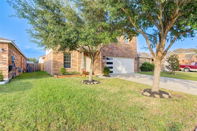 view of front of property featuring central AC unit, a garage, and a front yard