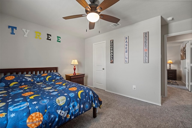 bedroom featuring carpet and ceiling fan