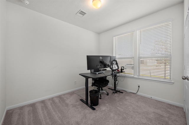 office area featuring light carpet