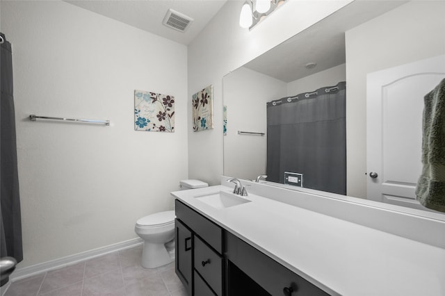 bathroom featuring visible vents, baseboards, toilet, vanity, and tile patterned flooring