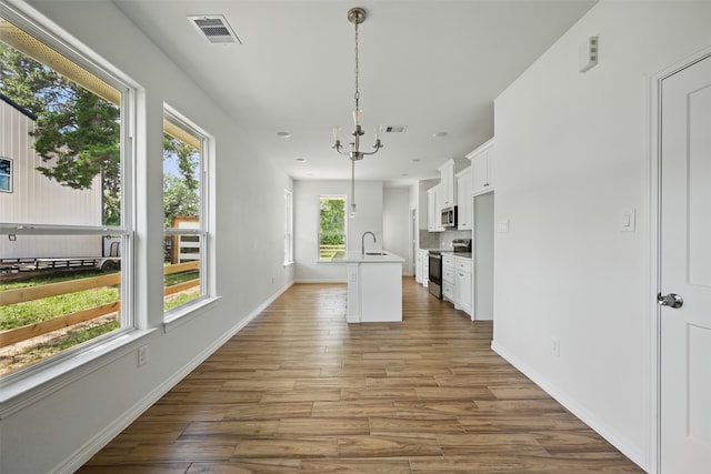 24644 Cavan St, Hempstead, TX 77445 - kitchen with stainless steel appliances, wood finished floors, a chandelier, white cabinets, and a center island with sink